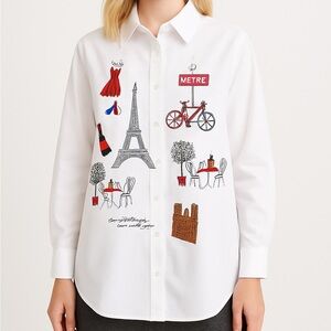 Embroidery Paris Cotton Button Down Top